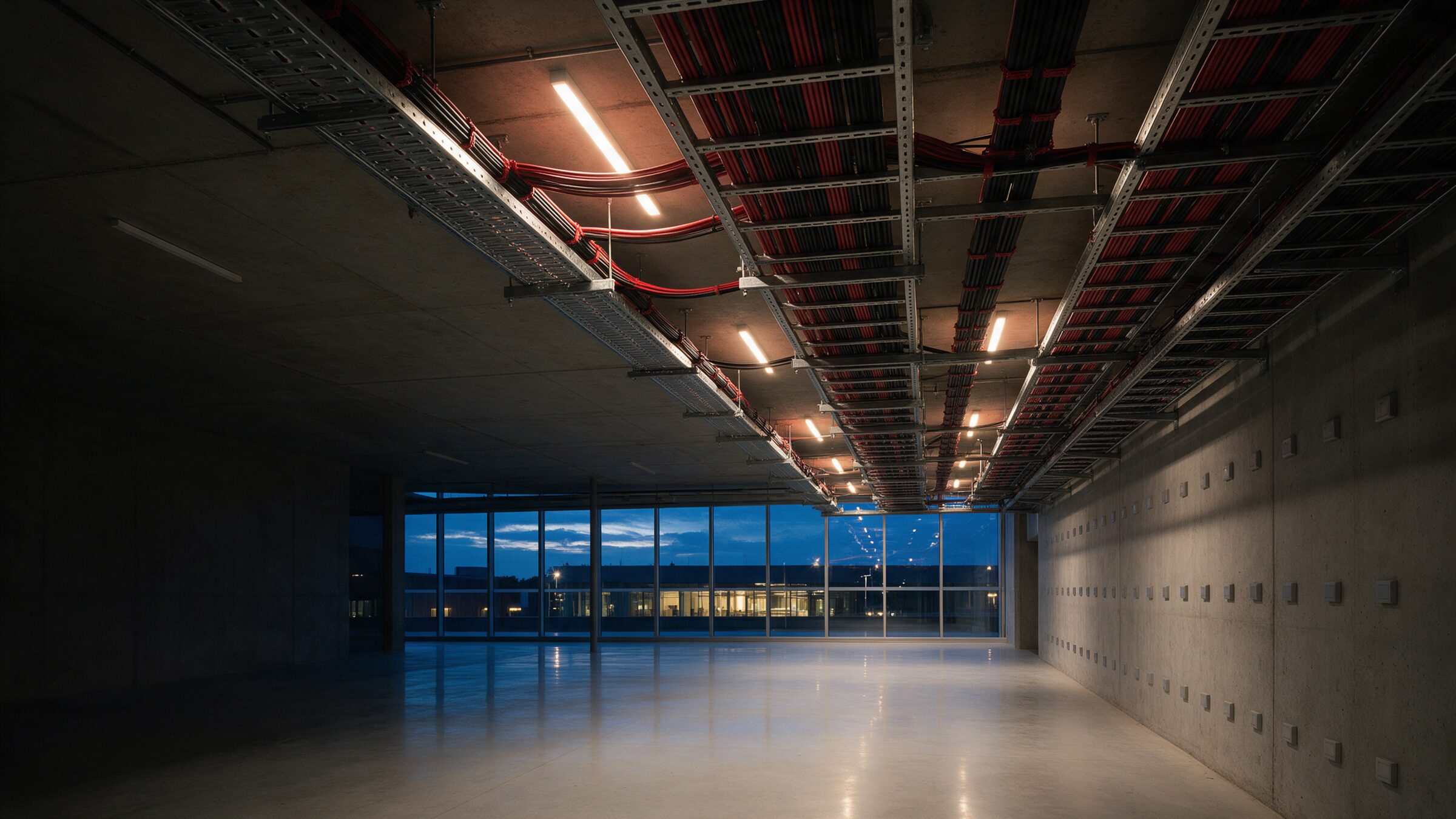 Cable trays and lighting installed in a modern commercial building at dusk