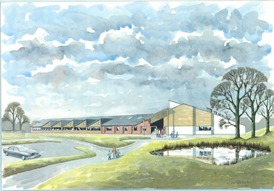Architect's perspective drawing of the All Through School at Connah's Quay
